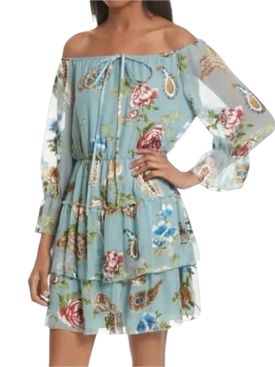Alice + Olivia Aqua Multicolor floral Waylon Off-the-Shoulder Blouson Dress sz 6